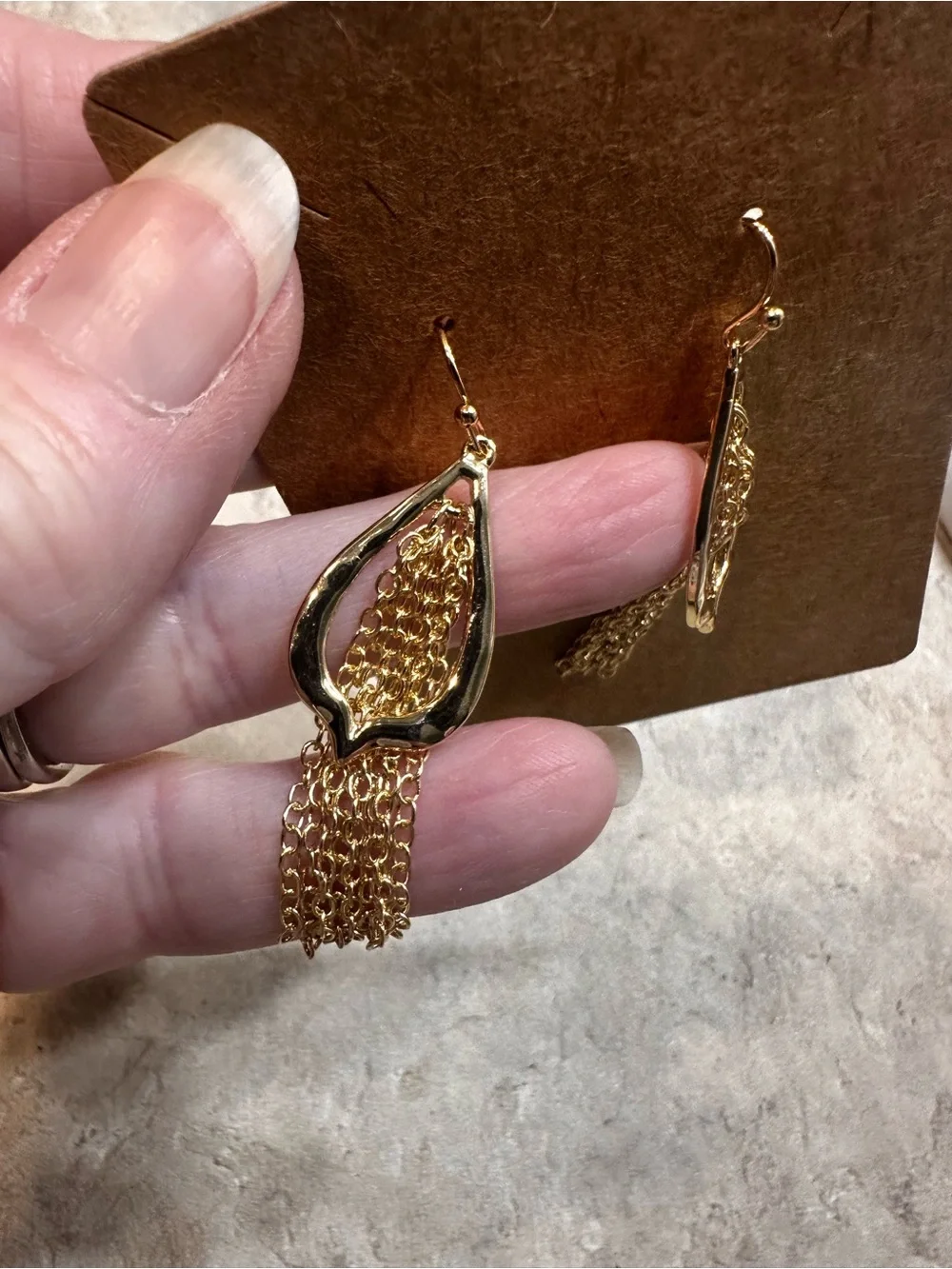 Gold tone teardrop chain tassel dangle pierced earrings BoHo statement